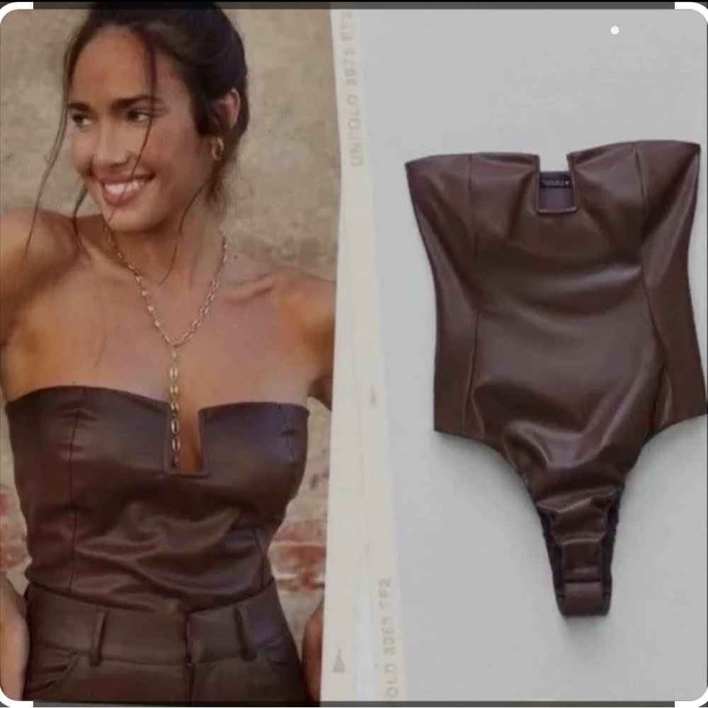 Zara Chocolate Brown Faux Leather Tube top Bodysuit. Size M